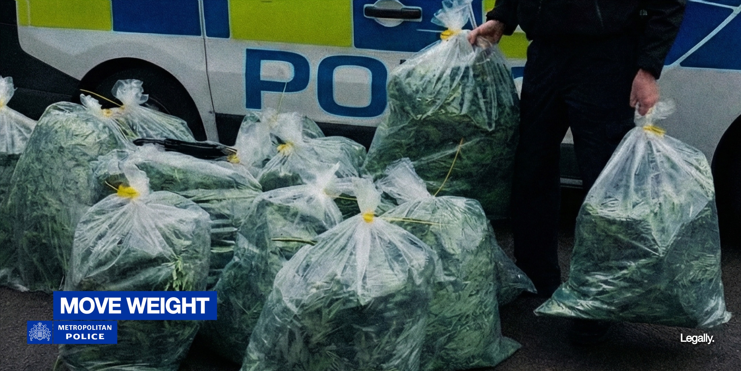 Metropolitan Police Move Weight campaign poster with evidence bags beside a police vehicle.